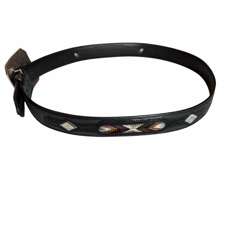 BLACK GENUINE LEATHER WESTERN BELT W/ LONGHORN BUCKLE SZ 44 - Picture 7 of 8